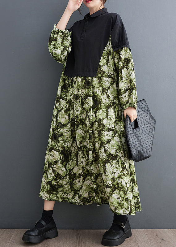 Green Print Patchwork Cotton Long Dresses Oversized Fall