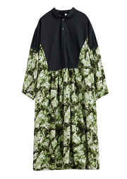 Green Print Patchwork Cotton Long Dresses Oversized Fall