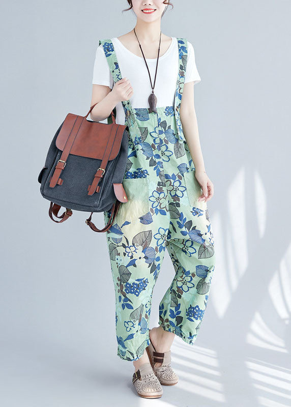 Green Print Patchwork Jumpsuits Wide Leg Denim Spring