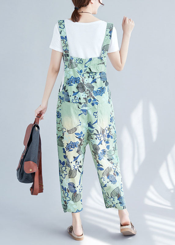 Green Print Patchwork Jumpsuits Wide Leg Denim Spring