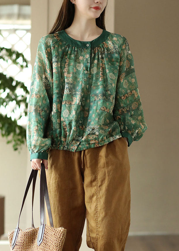 Green Print Patchwork Linen Blouses O Neck Wrinkled Button Spring