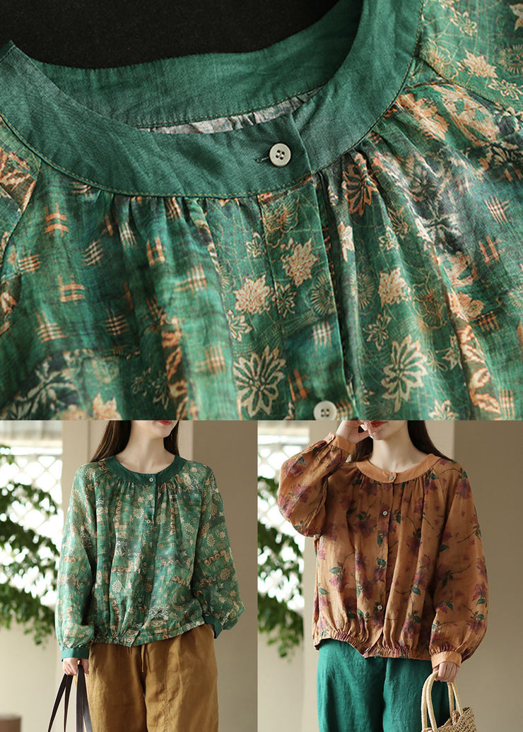 Green Print Patchwork Linen Blouses O Neck Wrinkled Button Spring