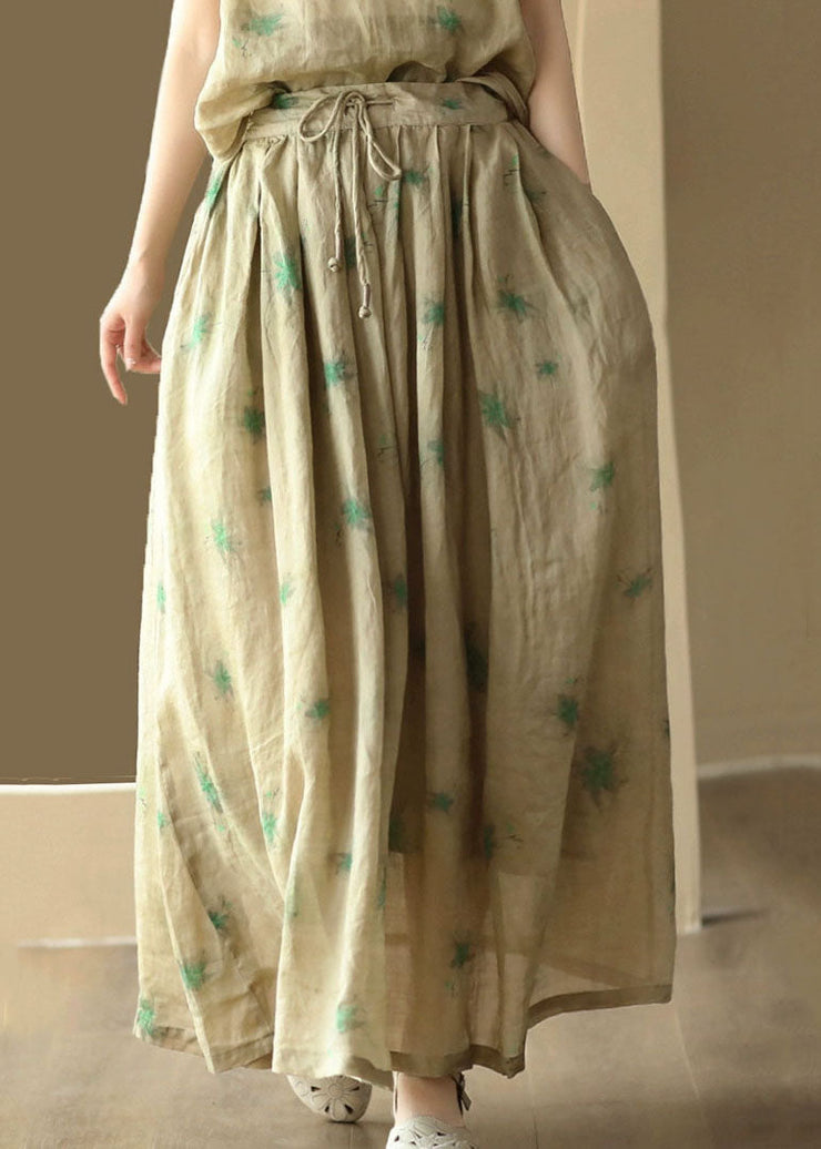 Green Print Patchwork Linen Skirt Wrinkled Tie Waist Summer