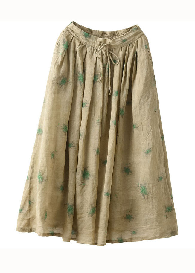 Green Print Patchwork Linen Skirt Wrinkled Tie Waist Summer