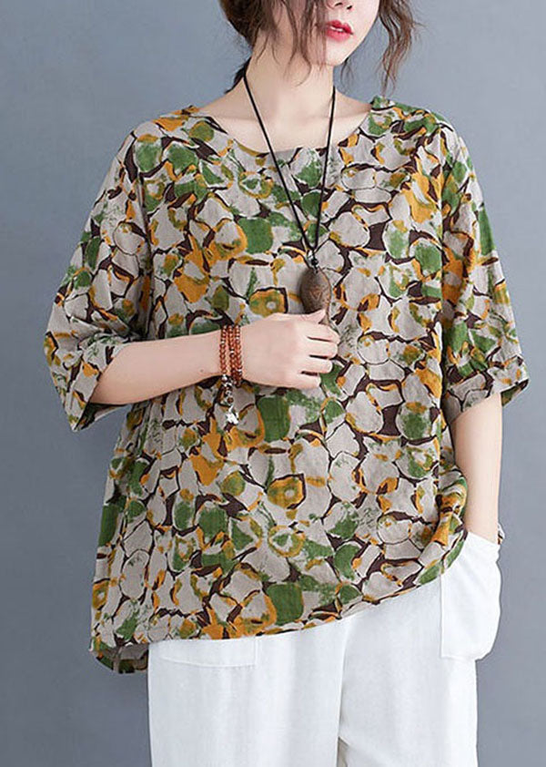 Green Print Patchwork Linen T Shirt O Neck Short Sleeve