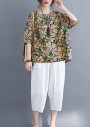 Green Print Patchwork Linen T Shirt O Neck Short Sleeve