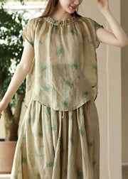 Green Print Patchwork Linen T Shirt Top Ruffled Short Sleeve