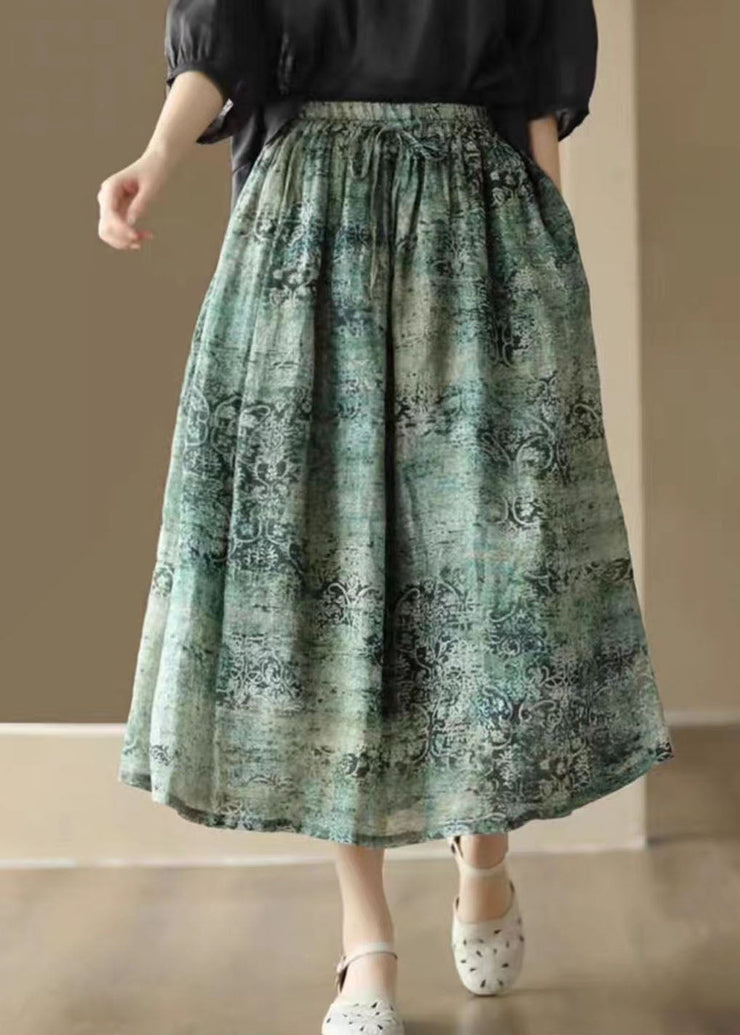 Green Print Pockets Patchwork Linen Skirts Wrinkled Summer