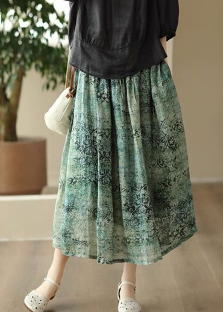 Green Print Pockets Patchwork Linen Skirts Wrinkled Summer