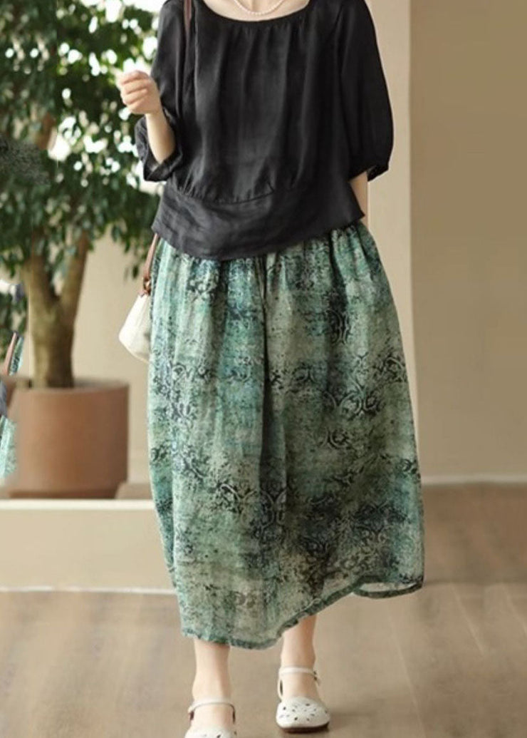 Green Print Pockets Patchwork Linen Skirts Wrinkled Summer