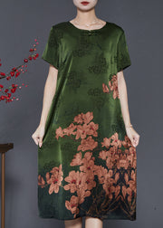 Green Print Silk Long Dress Chinese Button Summer