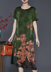 Green Print Silk Long Dress Chinese Button Summer