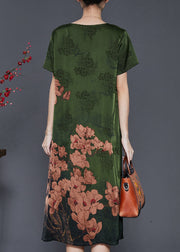 Green Print Silk Long Dress Chinese Button Summer