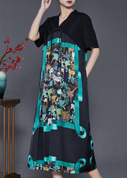 Green Print Silk Oriental Dresses Tasseled Summer