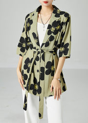 Green Print Silk Shirts Oversized Turn-down Collar Short Sleeve