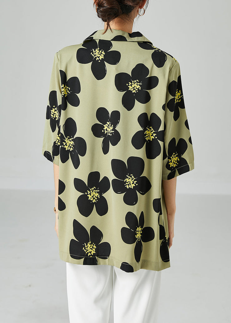 Green Print Silk Shirts Oversized Turn-down Collar Short Sleeve