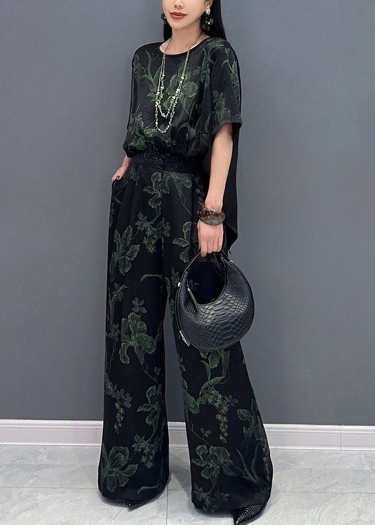 Green Print Silk Tops And Pants Two Pieces Set Summer