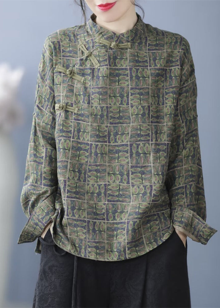 Green Print Stand Collar Shirt Long Sleeve