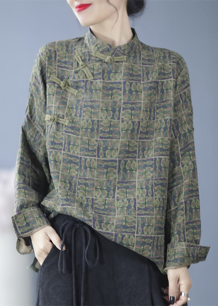 Green Print Stand Collar Shirt Long Sleeve