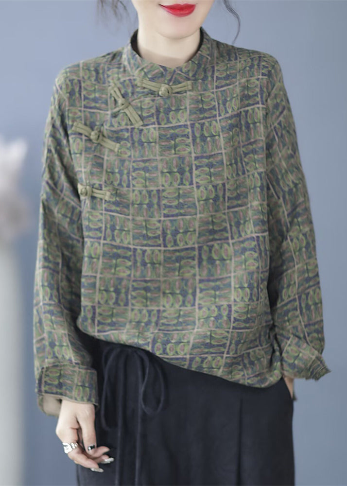 Green Print Stand Collar Shirt Long Sleeve