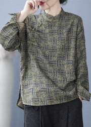 Green Print Stand Collar Shirt Long Sleeve