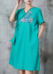 Green Retro Cotton Holiday Dress Embroidered Summer