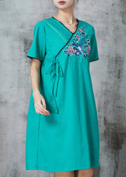 Green Retro Cotton Holiday Dress Embroidered Summer