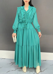 Green Ruffled Patchwork Chiffon Fall Maxi Dress V Neck