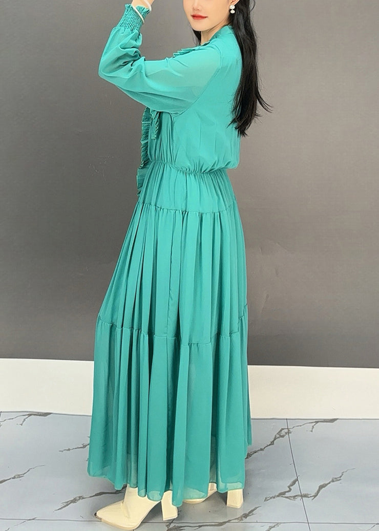 Green Ruffled Patchwork Chiffon Fall Maxi Dress V Neck