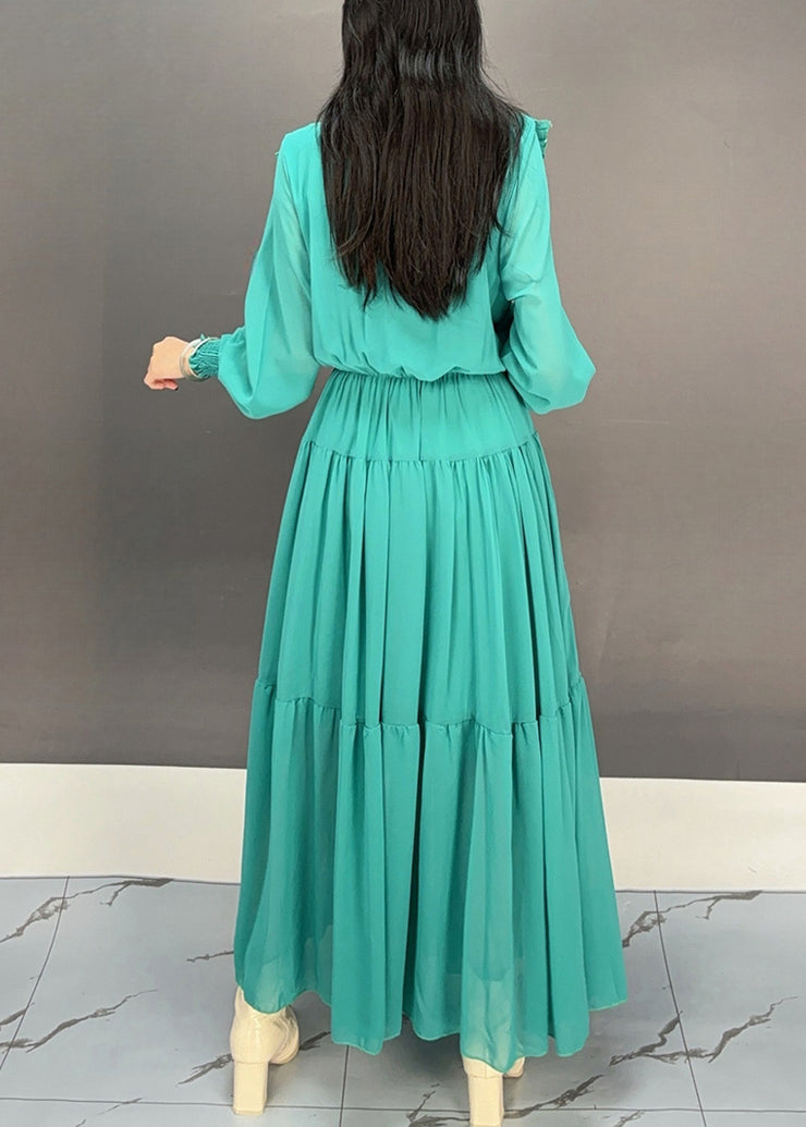 Green Ruffled Patchwork Chiffon Fall Maxi Dress V Neck