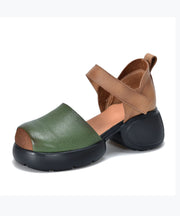 Green Sandals Chunky Cowhide Leather Handmade Splicing Buckle Strap