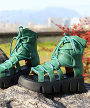 Green Sandals Platform Cowhide Leather Comfy Splicing Lace Up