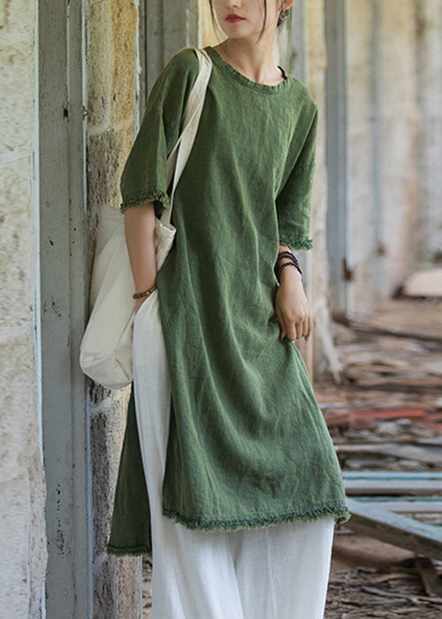 Green Side Open Linen T Shirt Dress O Neck Short Sleeve