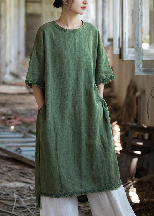 Green Side Open Linen T Shirt Dress O Neck Short Sleeve