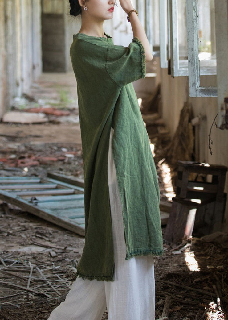 Green Side Open Linen T Shirt Dress O Neck Short Sleeve