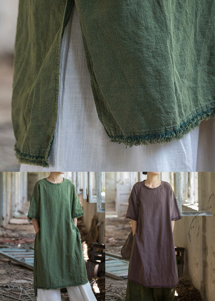 Green Side Open Linen T Shirt Dress O Neck Short Sleeve