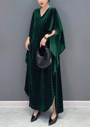 Green Side Open Patchwork Velour Long Dress V Neck Batwing Sleeve