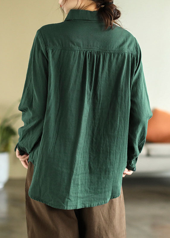 Green Slim Fit Cotton Blouse Top Peter Pan Collar Embroideried Spring