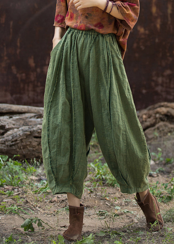 Green Solid Linen Wide Leg Pants Elastic Waist