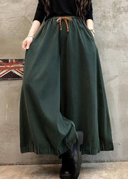 Green Solid Pockets Cotton Wide Leg Pants High Waist