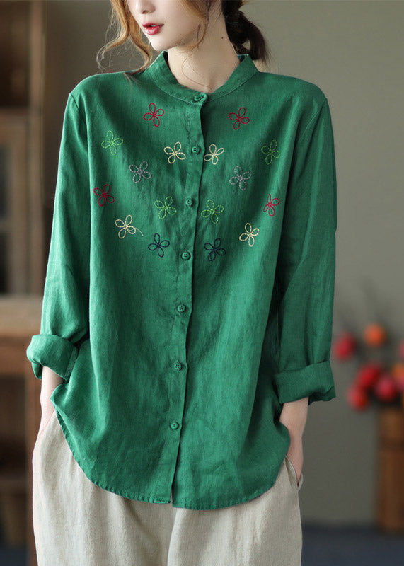 Green Stand Collar Button Linen Shirt Long Sleeve