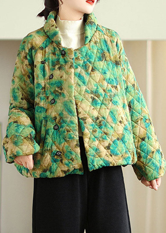 Green Stand Collar Button Parka Long Sleeve