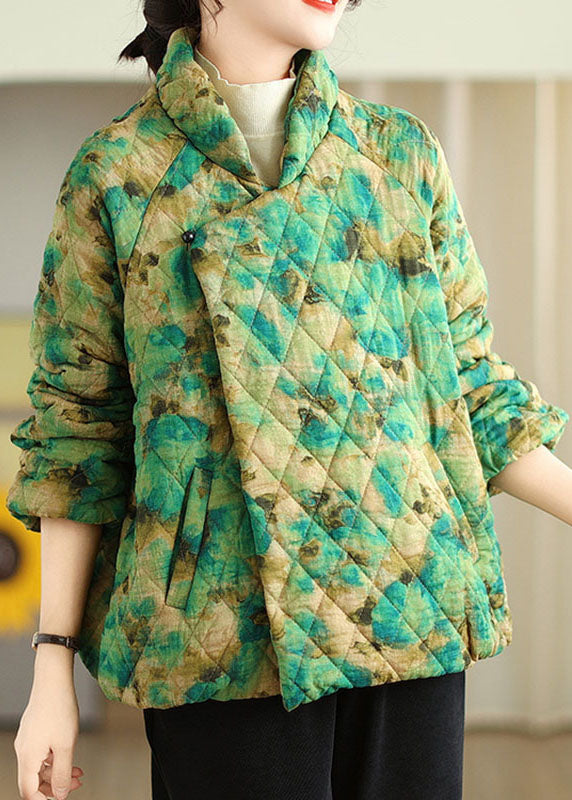 Green Stand Collar Button Parka Long Sleeve