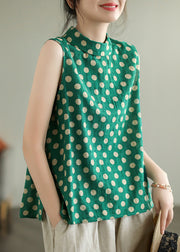 Green Stand Collar Dot Cotton Top Sleeveless