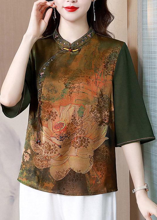 Green Stand Collar Print Silk Top Summer