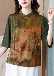 Green Stand Collar Print Silk Top Summer