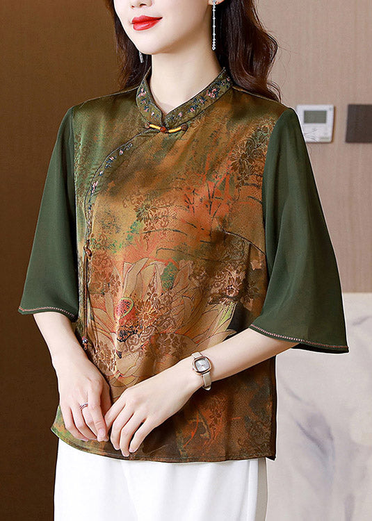 Green Stand Collar Print Silk Top Summer