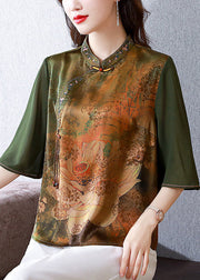 Green Stand Collar Print Silk Top Summer