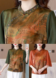 Green Stand Collar Print Silk Top Summer