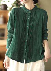 Green Stand Collar Wrinkled Cotton Shirt Long Sleeve